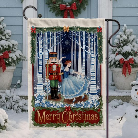 Festive Nutcracker Ballet Garden Flag, Festive Holiday Dance Flag, Winter Forest Nutcracker Porch Flag, Merry Christmas Ballet Flag,