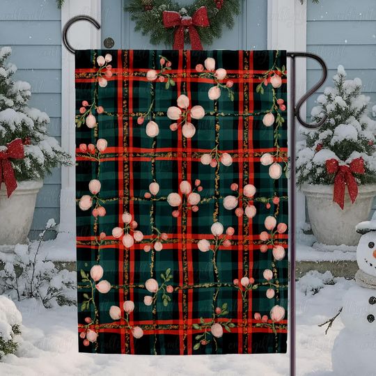 Discover Retro Holiday Botanical Plaid Winter Flag, Plaid Christmas Fruit Flag, Festive Fruit Plaid Porch Flag, Christmas Plaid Botanical Flag,