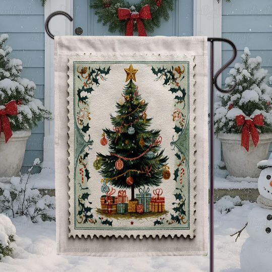 Nostalgia Christmas Tree Postage Stamp Flag, Festive Tree Gifts Garden Flag, Holiday Postage Stamp Flag, Merry Christmas Tree Flag,