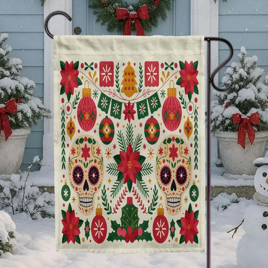 Discover Sugar Skull Christmas Holiday Flag, Festive Navidad Winter Flag, Day Of The Dead Xmas Flag, Poinsettia Sugar Skull Holiday Flag Decor,