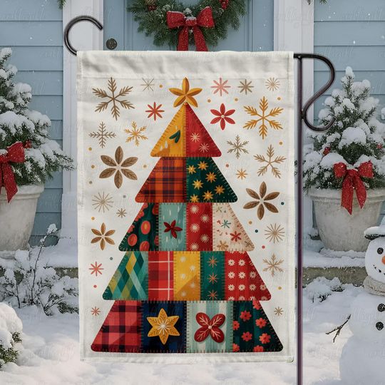 Discover Vintage Patchwork Christmas Tree Flag, Festive Fabric Tree Garden Flag, Cottagecore Patch Xmas Tree Sign, Handmade Style Xmas Flag,