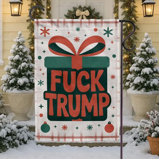 Funny Christmas Gift Box Protest Flag, Resist Trump Fascist Yard Sign, Holiday Lights And Human Rights Flag, FDT Anti MAGA Winter House Flag