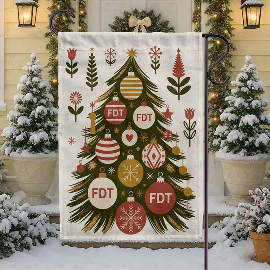Retro Subtle FDT Christmas Flag, Anti Trump Vintage Xmas Tree Flag, Resist Fascism Winter Season Decor, Holiday Lights and Human Rights Flag