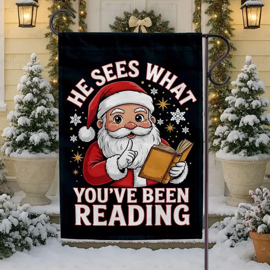 Discover Vintage Santa Reading Christmas Garden Flag, He Sees What You've Been Reading Funny Flag, Book Lover Holiday Gift, Xmas Outdoor Decor