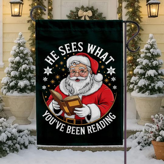 Discover Santa With Glasses Retro Christmas Flag, He Sees What You've Been Reading, Funny Bookish Santa Claus Flag, Noel Holiday Bookworm Gift