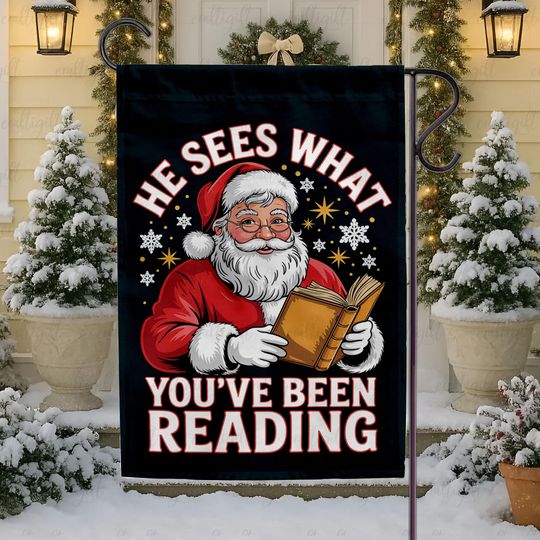 Discover He Sees What You've Been Reading Flag, Funny Bookish Christmas Santa Flag, Book Lover Holiday Gift, Cozy Xmas Santa Claus Home Decor,