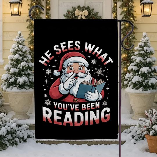 Discover Cute Bookworm Christmas Santa Flag, He Sees What You've Been Reading Flag,  Book Reader Holiday Yard Flag, Winter Bookish Home Decor,