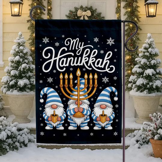 Festival Of Lights Jewish Outdoor Flag, Happy Hanukkah Gnome Garden Flag, Menorah Israel Holiday Party House Decor, Religious Xmas Yard Flag