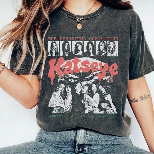 Discover Vintage Katseye Chaos Tour T-Shirt, Kpop Graphics Tee, Katseye Gnarly Sweatshirt, Gabriela Shirt, Eyekon Kpop Fan Merch
