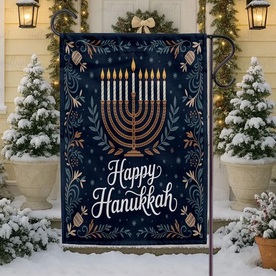 Golden Menorah Chrismukkah Yard Flag, Hanukkah Jerusalem Festive Flag, Cozy Winter Seasonal Party Decor, Christmas Gardener Unique Gift Idea