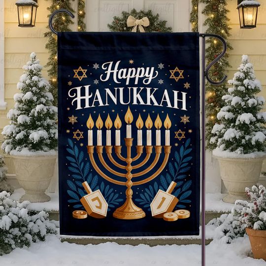 Happy Hanukkah Yard Flag, Jewish Hanukkiah Candles Flag, Ugly Christmas Knitted Style Flag, Menorah Festive Holiday Yard Sign Decor,