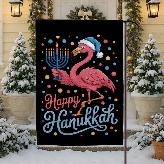 Flamingo And Menorah Yard Flag, Hanukkah Celebration House Flag, Christmas Festive Porch Decor, Chanukah Sameach Jewish Gift For Her Him