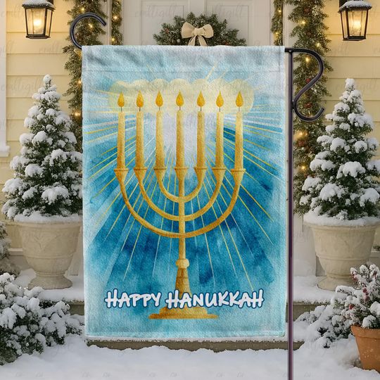 Happy Hanukkah Celebration Flag, Jewish Christmas Holiday Decor, Golden Menorah And Star Of David Flag, Hanukkah Festive Family Gift,
