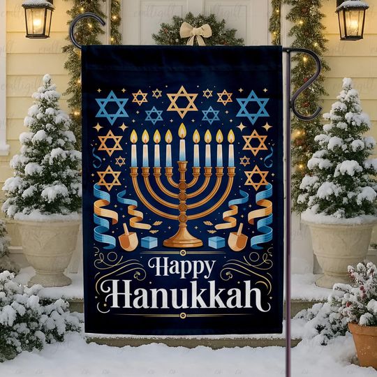 Jewish Happy Hanukkah House Flag, Christmas Festive Menorah Floral Flag, Vintage Retro Hanukkah Sign, Dreidel Merry Chrismukkah Flag,