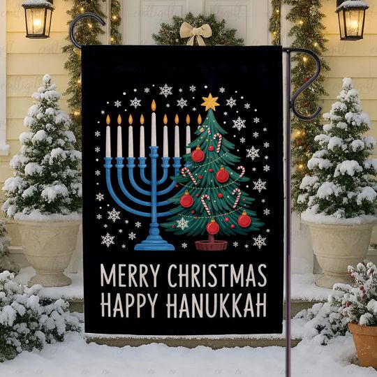Merry Chrismukkah Outdoor Flag, Hanukkah Winter Seasonal Porch Flag, Christmas Jewish Unique Gift, Hanukkah Festive Party Decor,