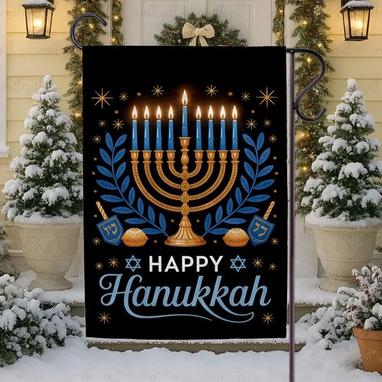 Happy Hanukkah Interfaith Flag, Christmas Festive Jewish Garden Flag, Blue Menorah Jewish Holiday Decor, Chrismukkah Celebration Gift