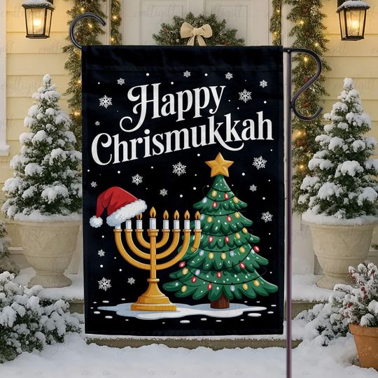 Happy Chrismukkah Hanukkah Flag, Jewish Religious Festive Outdoor Flag, Christmas Tree Santa Hat Flag, Snowflake Hanukkah Decor,