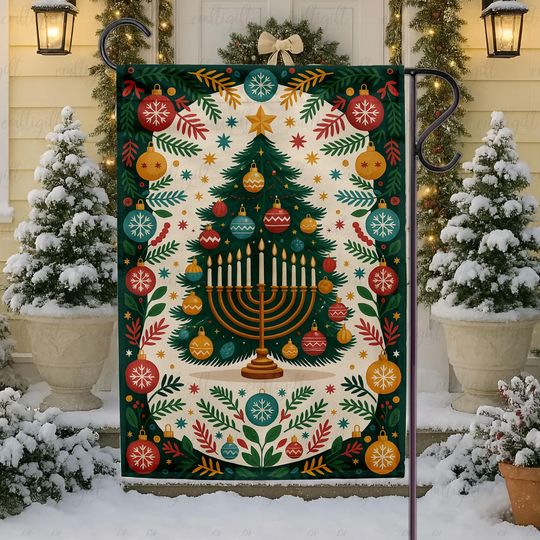 Colorful Happy Hanukkah House Flag, Chanukah Menorah Welcome Flag, Jewish Christmas Festive Decor, Vibrant Xmas Tree Holiday Flag,