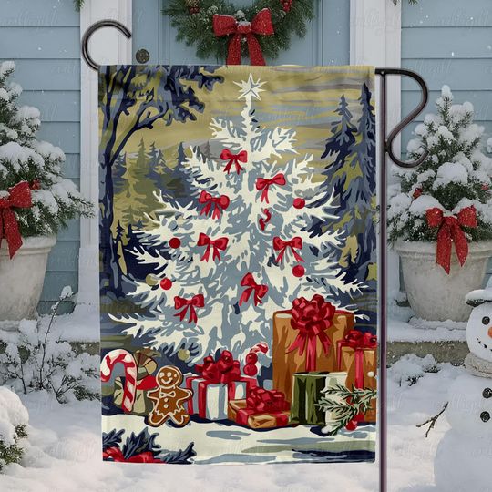 Retro White Christmas Tree Flag, Red Bow Tree Winter Garden Flag, Snowy Christmas Tree Gifts Flag, Festive Forest Holiday Decor Flag,