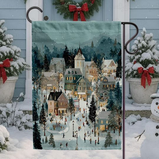 Joyful Winter Village Garden Flag, Skating Town Holiday Flag, Holiday Village Snowfall Yard Decor, Cozy Christmas Town Gift Flag,