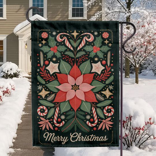 Discover Red Poinsettia Christmas Gift Flag, Festive Floral Holiday Flag, Merry Christmas Yard Flag, Xmas Flower Decor, Red Green Holiday Flag