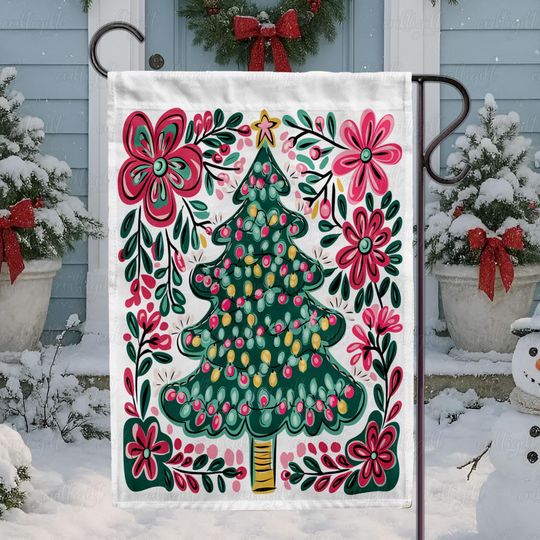 Discover Classic Retro Christmas Tree Flag, Festive Floral Holiday Flag Decor, Bright Christmas Tree Outdoor Flag, Feliz Navida Christmas Flag,