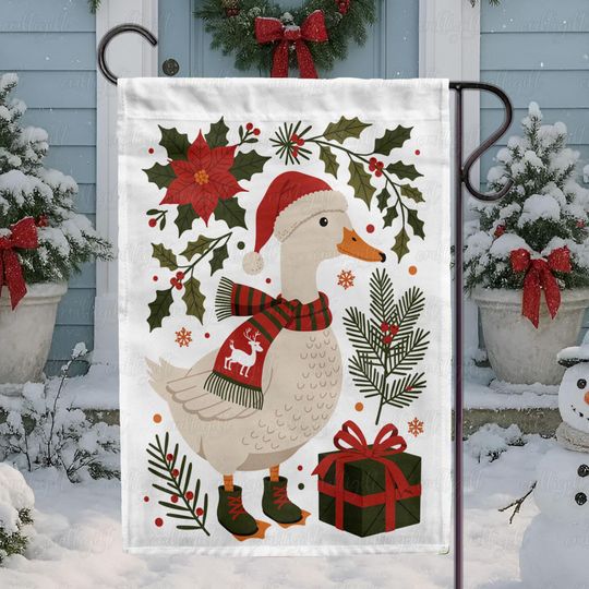 Discover Vintage Christmas Duck Poinsettia Flag, Santa Hat Duck Holiday Flag, Santa Duck Christmas Porch Flag, Cute Duck Winter Outdoor Flag,MYE992