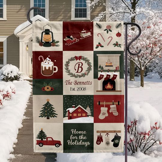 Custom Festive Family Name Porch Flag, Cozy Christmas Holidays Flag, Vintage Christmas Collage Flag, Merry Christmas Garden Flag,