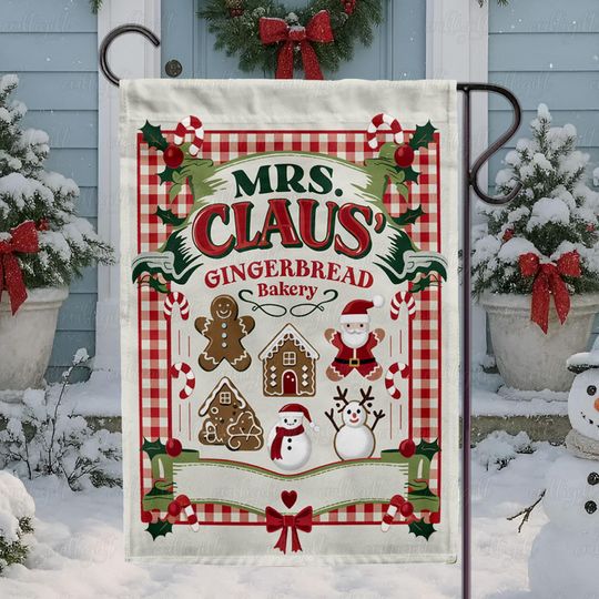 Santa & Snowman Cookies Flag, Mrs Claus Gingerbread Bakery Garden Flag, Cute Gingerbread Bakery Flag, Holiday Gingerbread House Flag,