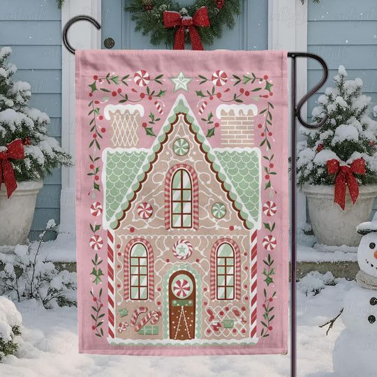 Discover Festive Pink Gingerbread Garden Flag, Aesthetic Christmas Candy Flag, Holiday Gingerbread Flag Decor, Christmas Peppermint House Flag,