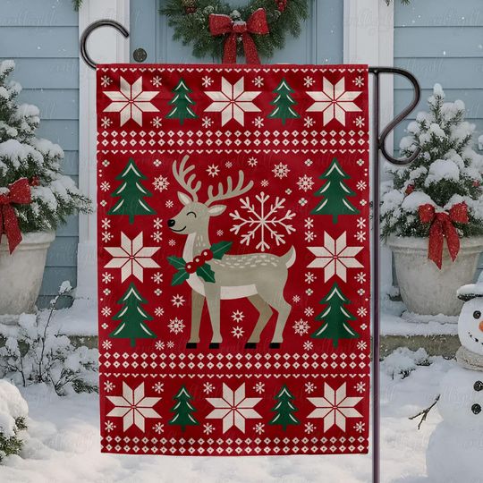 Vintage Knit Reindeer Garden Flag, Christmas Festive Reindeer Porch Flag, Nostalgia Holiday Knit Flag Decor, Cute Xmas Reindeer Flag,