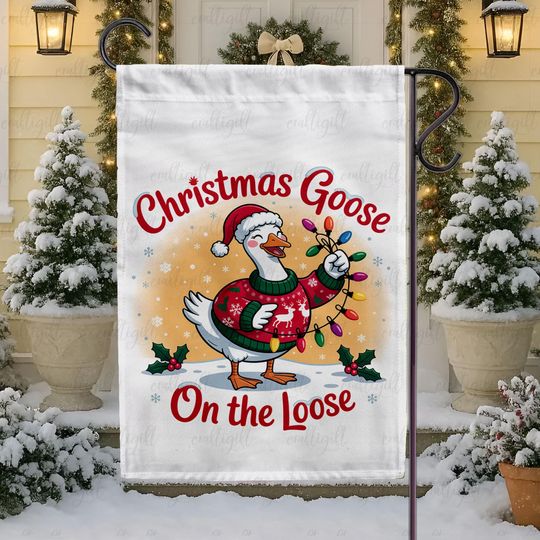 Christmas Silly Goose Garden Flag, Christmas Goose On The Loose Flag, Duck Wear Santa Hat Funny Flag, Cozy Farmhouse Holiday Party Decor