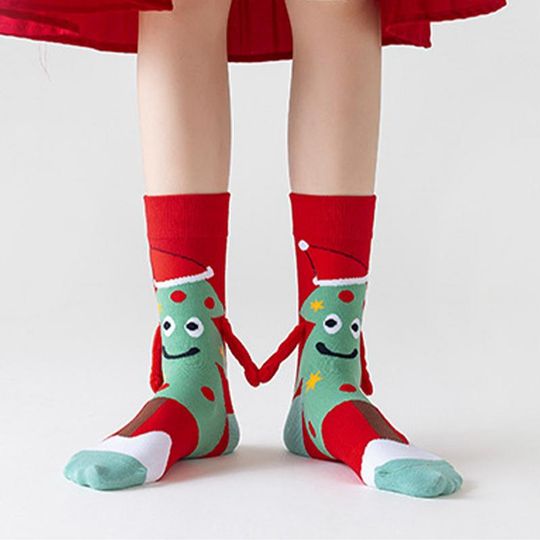 1 Pair Cute Christmas Socks Funny Couple Holding Hands Magnetic Stockings Cartoon Autumn Winter Warm Socks Christmas Gifts