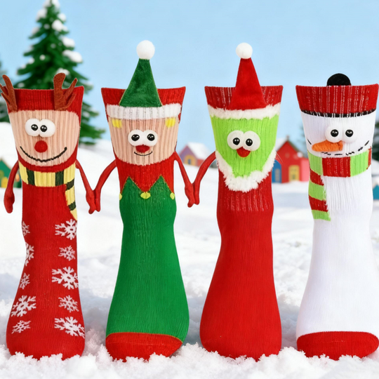 2-Pack, Random Colors, Christmas Cartoon Reindeer Antler Pattern, Christmas Penguin Pattern, Christmas Green Hat and Christmas Red Hat, Magnetic Holding Hands Socks, Unique and Creative Knitted Socks