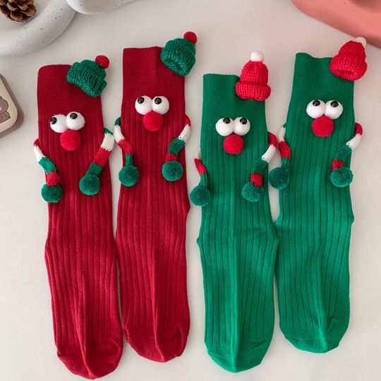 Cute Christmas Magnetic Socks For Women Men Couple Funny Creative Cartoon Eyes Hand In Hand Cotton Stockings Christmas Gifts