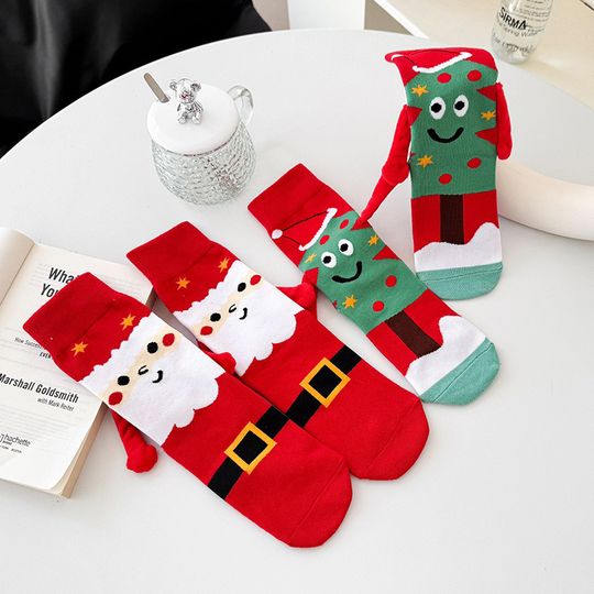 Christmas Magnetic Holding Hands Socks Elastic Hand Socks Cartoon Comfortable Cotton Mid-Calf Socks Funny Gift For New Year Xmas