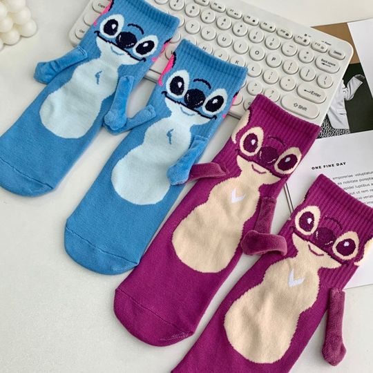 Cartoon Stitch Socks Cute Hand-holding Socks Women Girls Middle-tube Sleep Socks Winter Knitted Warm Cotton Socks Christmas Gift