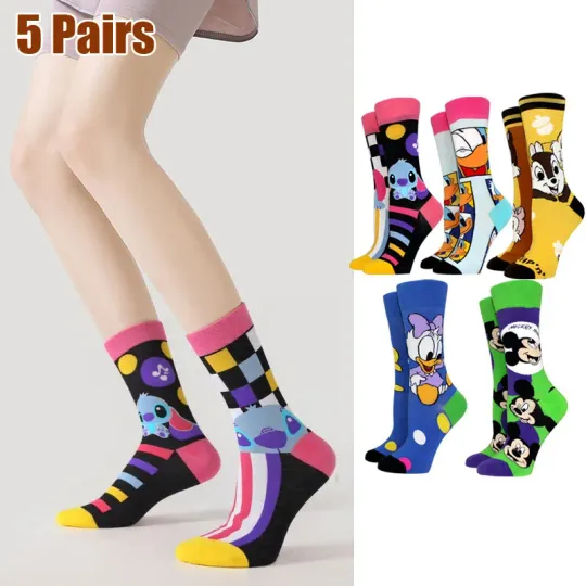 Discover 5 Pairs New Women Socks Anime Mickey Stitch Mickey Inventive Cartoon Long Socks AB Style Socks Funny Cute Girl Socks Size 36-42