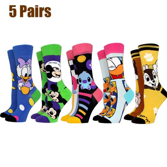Discover 5 Pairs New Cartoon Women Socks Anime Mickey Stitch Donald Duck Inventive Long Socks AB Style Socks Funny Cute Socks Size 36-42
