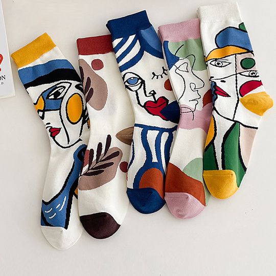 Discover 5 Pairs Graffiti Socks Personality Tide Funny Korean Version Mid Tube Couple Socks Harajuku Style Colorful Cute Flower Socks