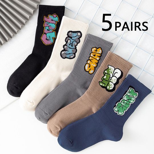 Discover 5/10 Pairs Men's Multicolour Crew Socks, Graffiti Lettering, Street Style, Unique, Comfortable, Breathable, Moisture-Wicking