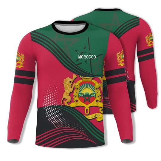 Discover 3D Morocco National Emblem Flag Graphic T Shirt for Men Clothing y2k Tops Fashion Long Sleeved T-shirt Casual Gym Fitness Jersey