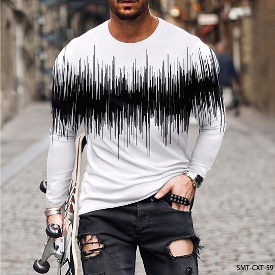 2025 color line pattern 3D printing men's round neck T-shirt casual long sleeved plus size pullover fashionable and trendy men's