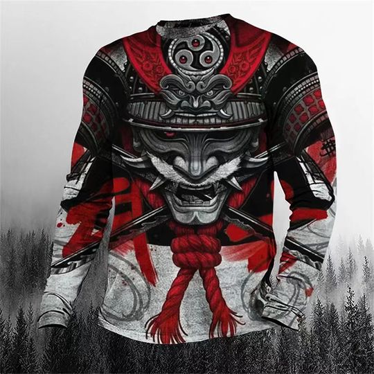 Japanese Samurai Pattern T-Shirt For Men Retro 3D Printed T Shirts Summer Casual Harajuku Loose Tees O-Neck Tops Long Sleeves