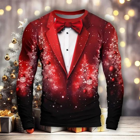 Men's Spring And Autumn New Year Christmas Fake Suit Street Fashion Interesting 3d Printed Round Neck Long Sleeve T-Shirt