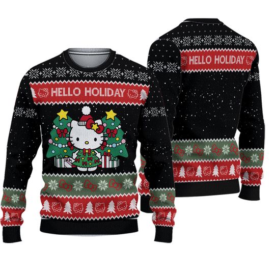 Hello Kitty Ugly Christmas Sweater, Kitty Cat Ugly Sweater, Hello Holiday Sweatshirt, Disney Cartoon Xmas Sweater For Men Women