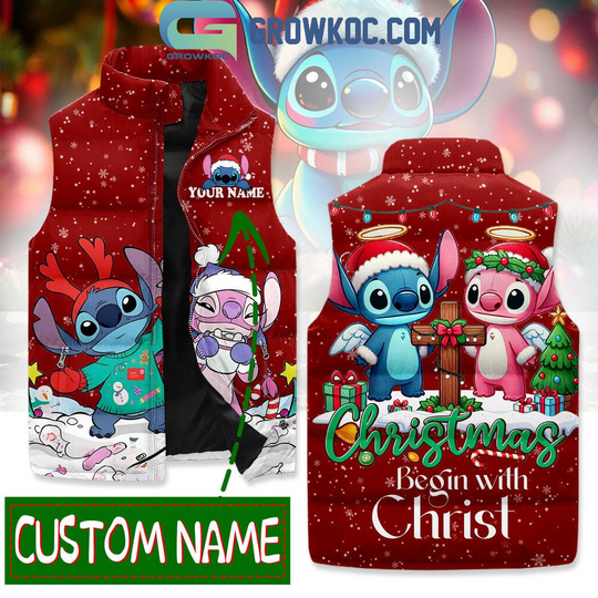 Custom Name Stitch And Angel Christmas Begins With Christ Sleeveless Jacket