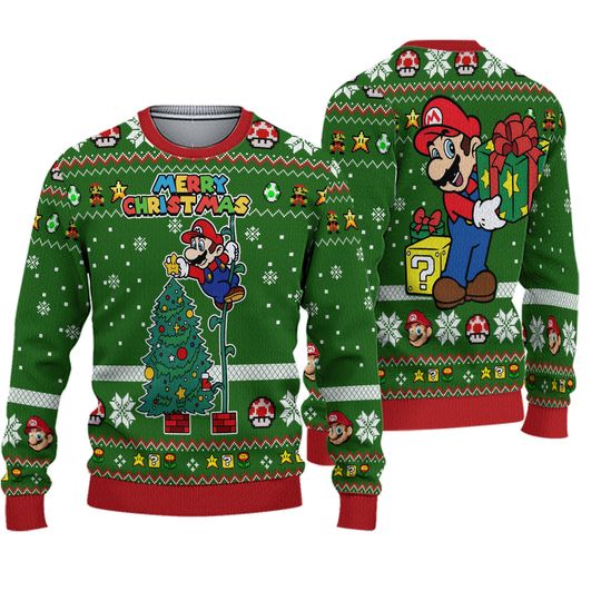 Super Mario Christmas Tree Ugly Sweater, Cute Mario Holiday Sweater, Mario Video Game Shirt, Funny Christmas Sweater, Mario Birthday Party