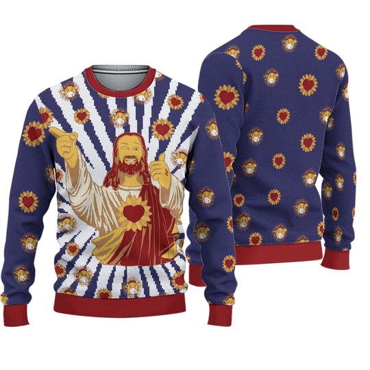 Jay & Silent Bob Buddy Christ Ugly Christmas Sweater for Adults, Knit Crewneck Buddy Jesus Pullover Funny Sweaters