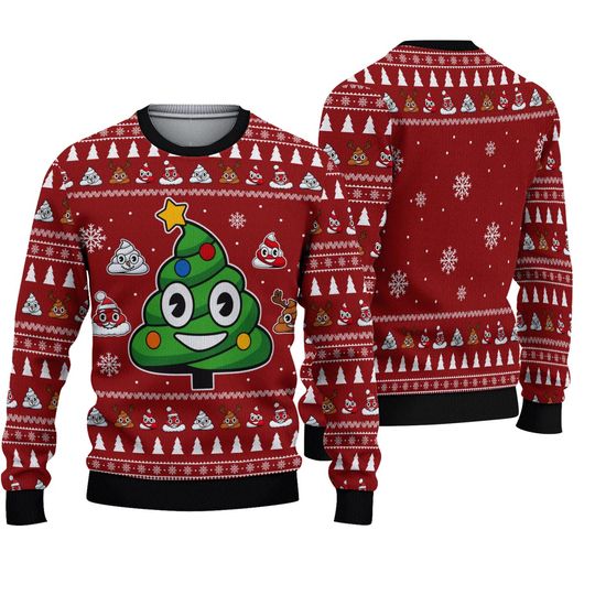 Poop Emoji Christmas Sweater, Funny Ugly Xmas Jumper, Silly Holiday Pullover with Poop Tree and Emojis, Gag Gift Party Sweater Unisex 168